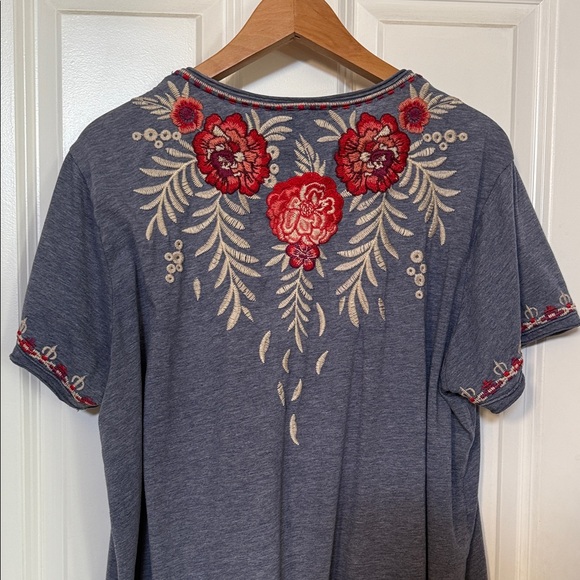 Embroidered Floral V-Neck Top - Blue and Red - Picture 6 of 11